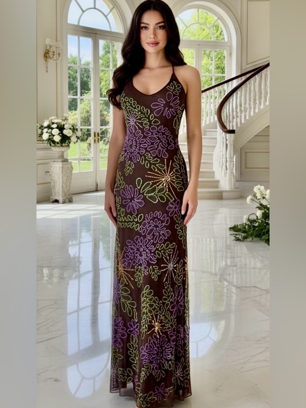 Bronze Floral hand beaded, colorful Maxi evening gown Power mesh stretch fabric